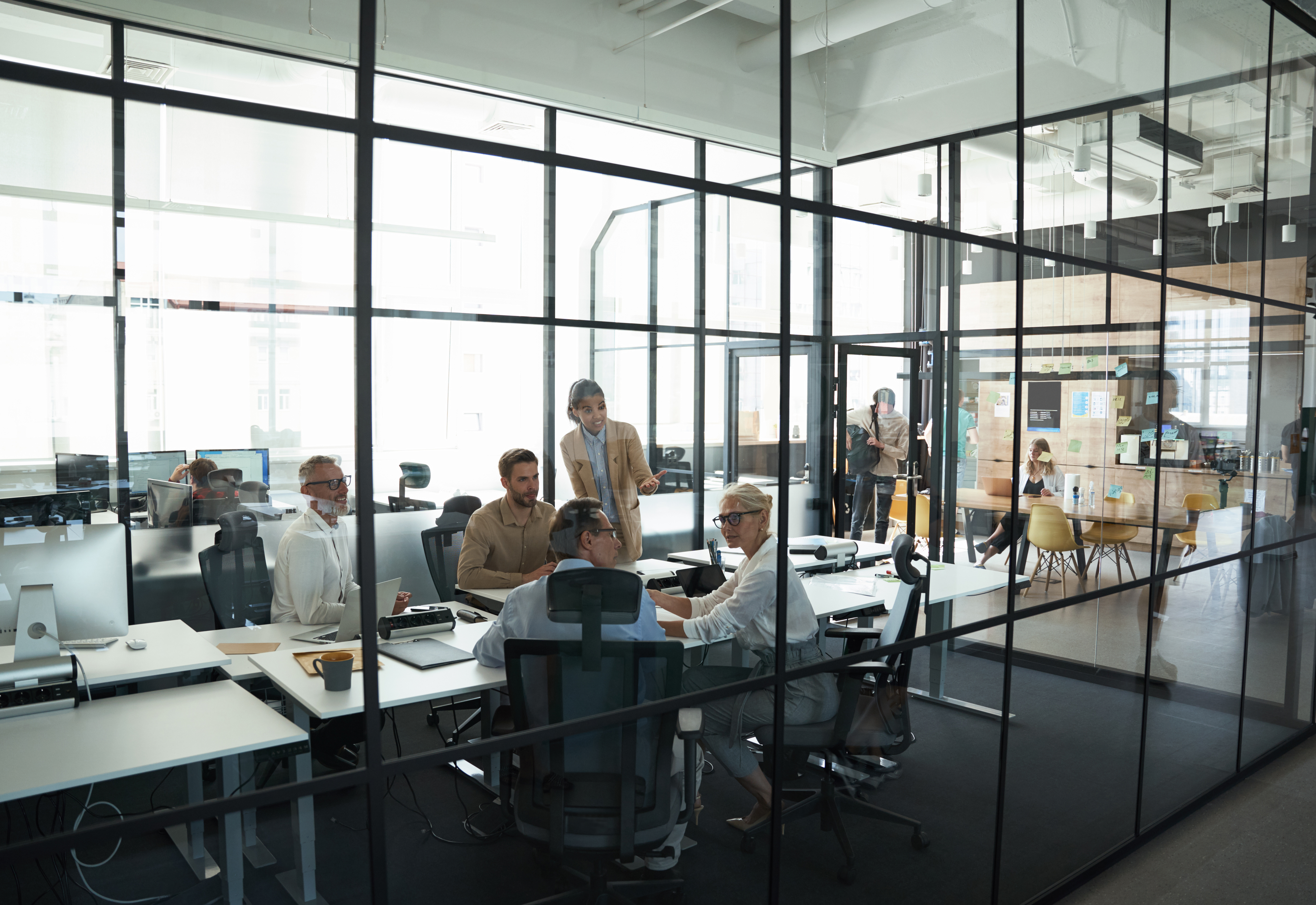 Group Of Multiracial Business People Having A Meeting In Board Room, Working Together In Modern Office Or Coworking Space