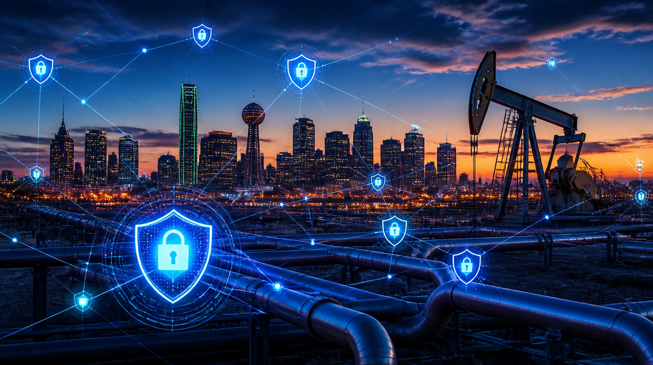 Dallas Skyline With Oil And Gas Infrastructure Protected By Cybersecurity Shields - Bonelli Systems