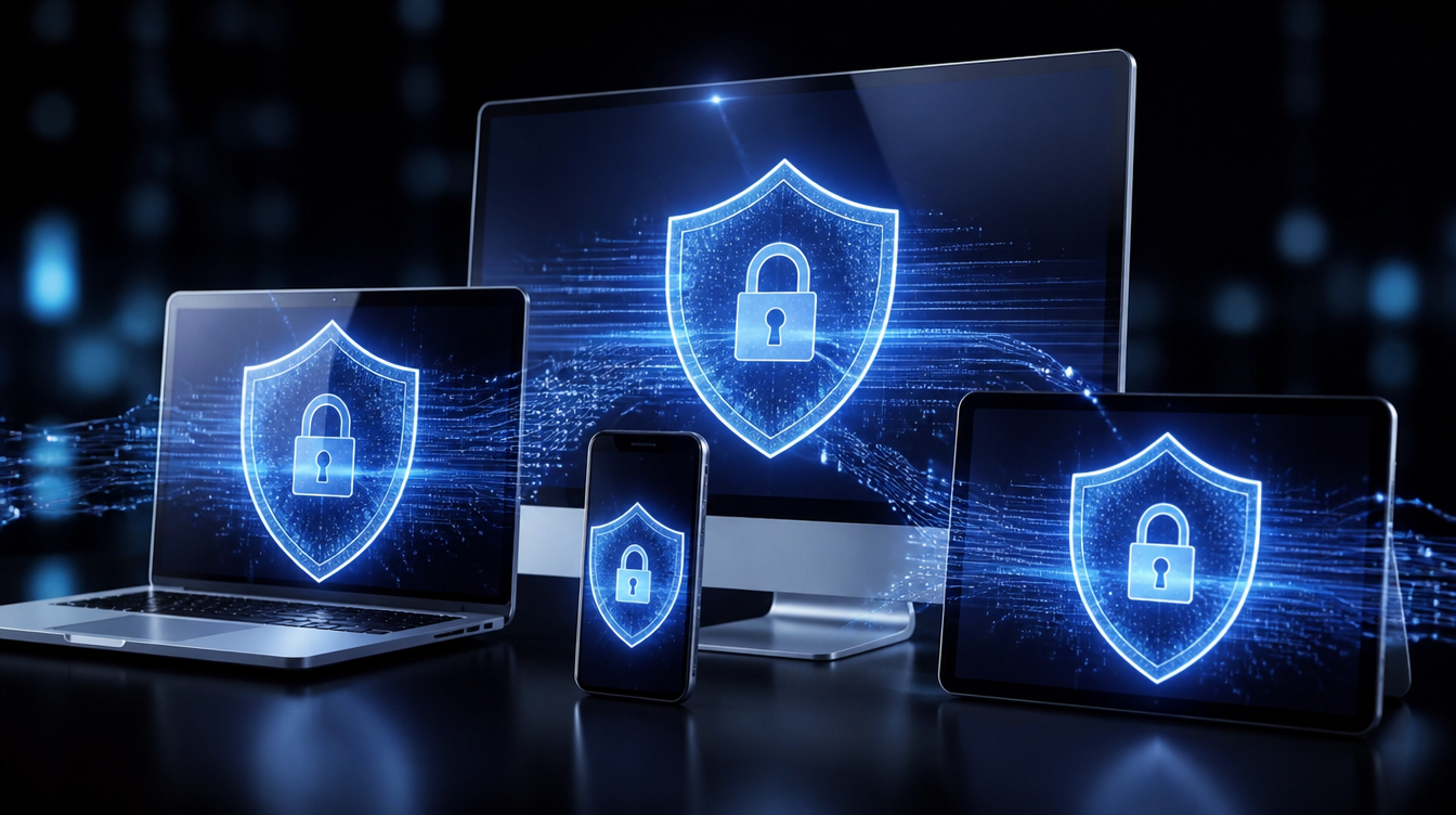 Business Devices Including Laptop Monitor Phone And Tablet With Cybersecurity Shield Protection - Bonelli Systems
