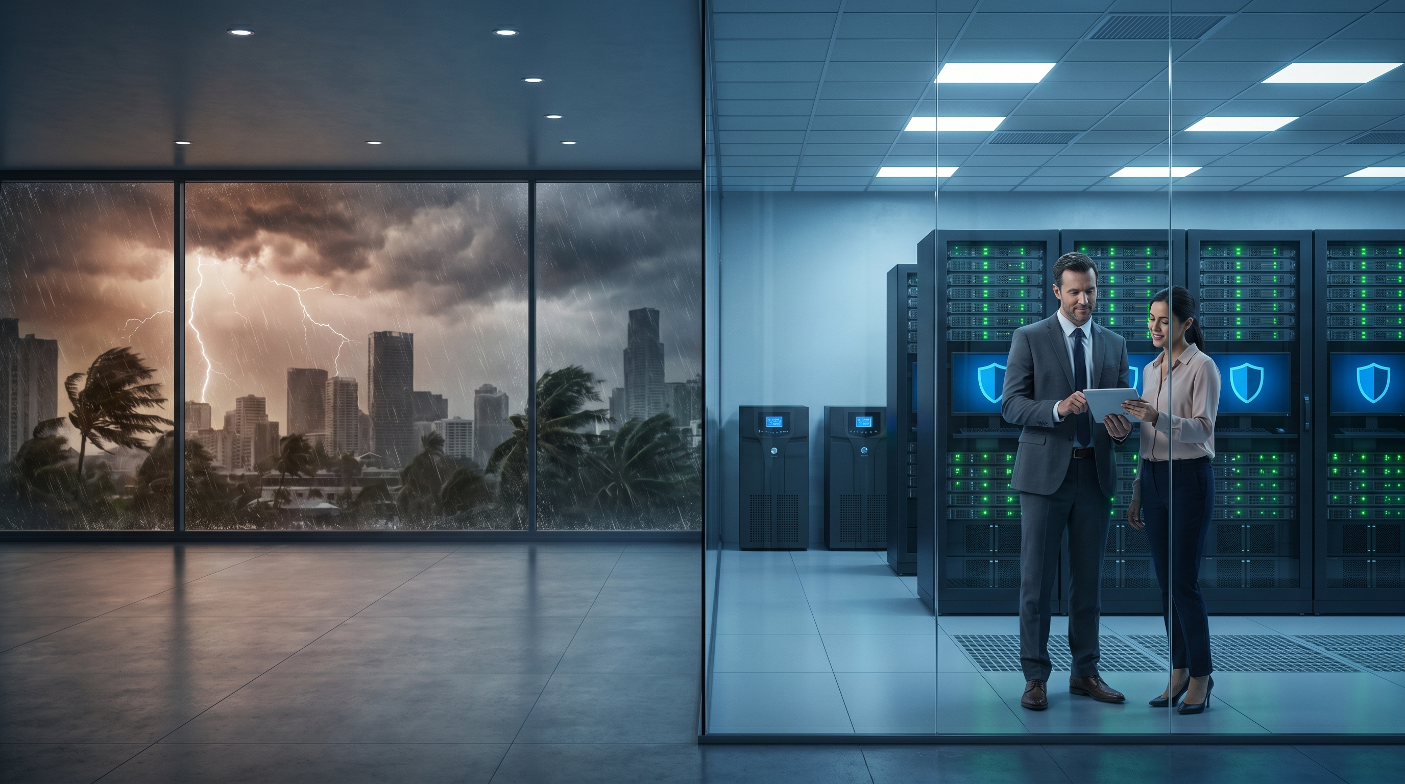 Split View Of Severe Weather And Protected Data Center With Backup Systems And Green Status Lights